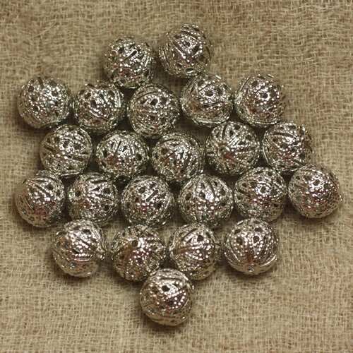 20pc - perles métal argenté rhodium - boules filigranes 10mm  4558550031075