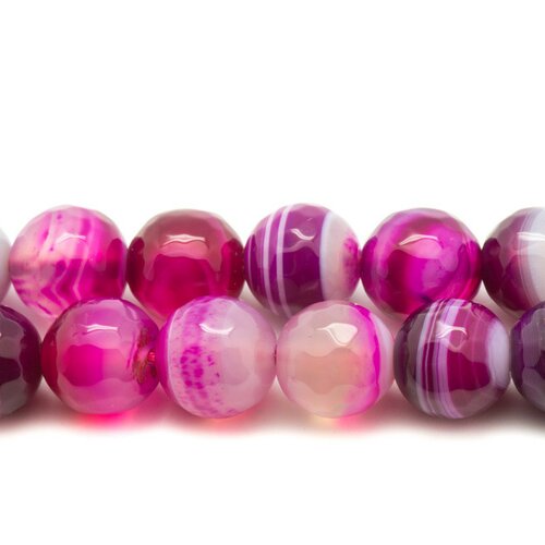 10pc - perles pierre - agate boules facettées 8mm rose fuchsia blanc