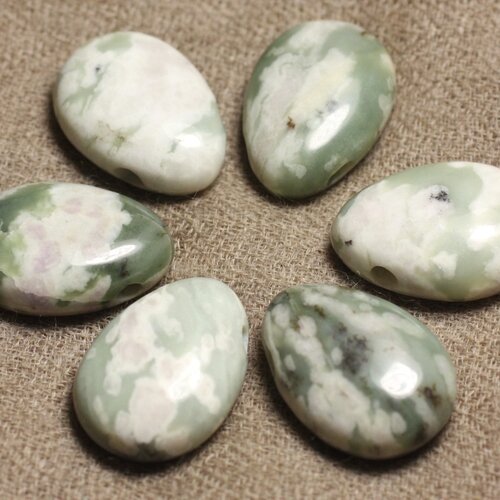 Pendentif goutte pierre semi précieuse - jade lucky 25mm vert pastel amande blanc - 4558550030412