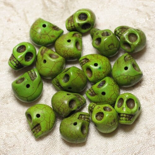 10pc - perles pierre turquoise synthese crane tete de mort 14x10mm vert pomme fluo