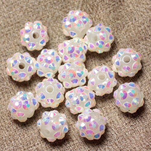 10pc - perles shamballas résine 10x8mm blanc et multicolore   4558550029256