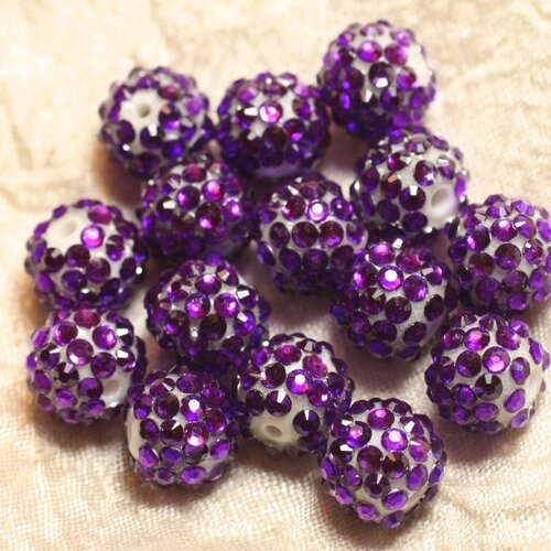 5pc - perles shamballas résine 14x12mm violet fuchsia et blanc   4558550026491