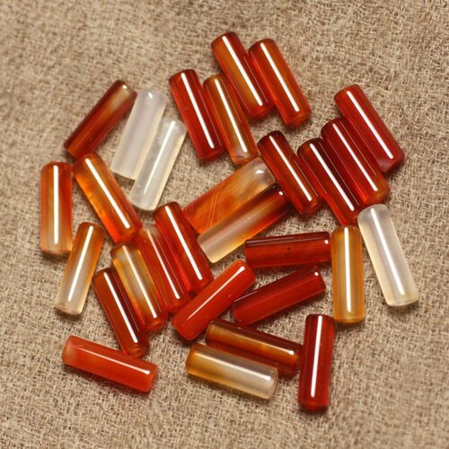 4pc - perles pierre - cornaline colonne cylindre tube 13x4mm orange rouge blanc