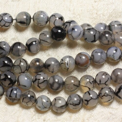 10pc - perles de pierre - agate boules 10mm veine de dragon gris et noir craquelé - 4558550024558