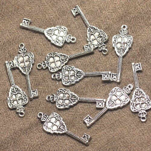 5pc - breloques pendentifs métal argenté rhodium clefs 34mm   4558550023704