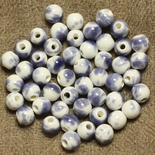 10pc - perles céramique boules 6mm blanc et bleu   4558550023667
