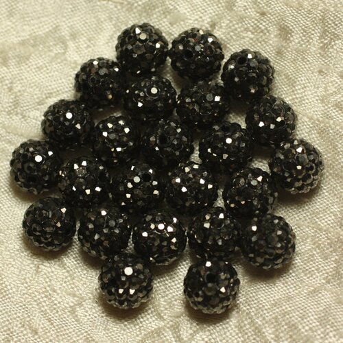 8pc - perle polymère et strass verre 10mm noir argenté - 4558550022851