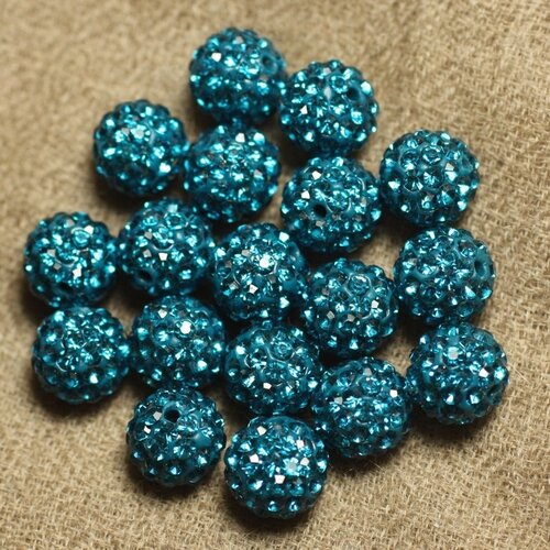 10pc - perle polymère et strass verre 10mm bleu vert   4558550022608