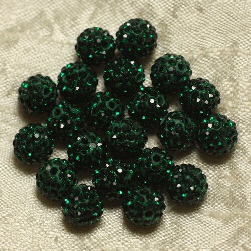 10pc - perle polymère et strass verre 10mm vert  sapin  4558550022929