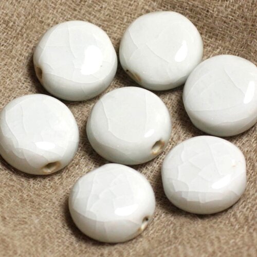 4pc - perles ceramique porcelaine rond plat palet 17mm blanc gris vert craquelé - 4558550019424