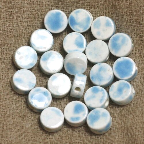 10pc - perles porcelaine céramique blanc et bleu palets 8x4mm   4558550021526