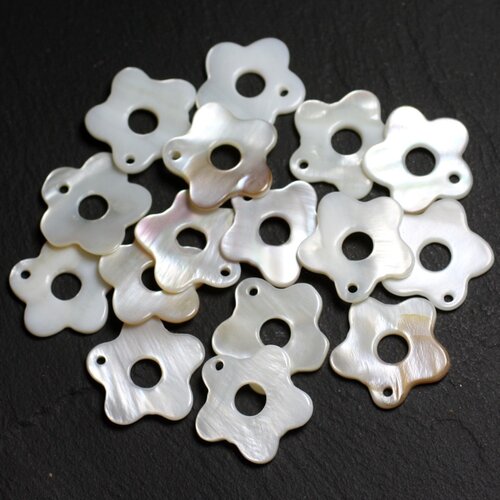10pc - perles breloques pendentifs nacre blanche fleurs 19-20mm   4558550021311