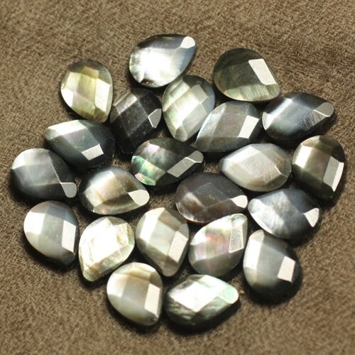 2pc - perles coquillage nacre noire gouttes facettées 14x10mm blanc gris noir irisé - 4558550020345