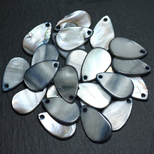 10pc - perles breloques pendentifs nacre gouttes 19mm gris noir   4558550020024