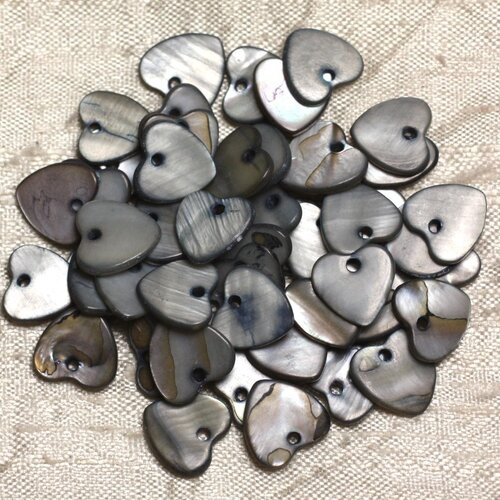 10pc - perles breloques pendentifs nacre coeurs 11mm gris noir   4558550019875