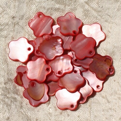 10pc - breloques pendentifs nacre fleurs 15mm rouge rose   4558550019837