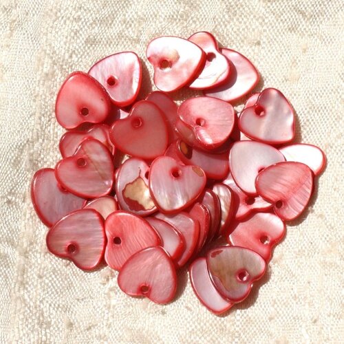 10pc - perles breloques pendentifs nacre coeurs 11mm rouge rose   4558550019707