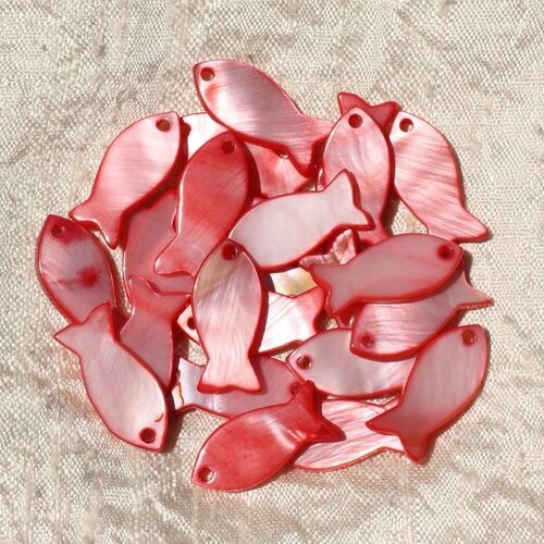 5pc - breloques pendentifs nacre rouge rose poissons 23mm   4558550019561