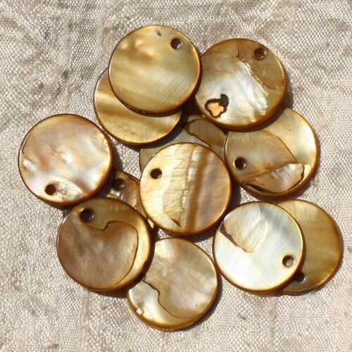 10pc - breloques pendentifs nacre ronds 20mm marron doré bronze - 4558550019523