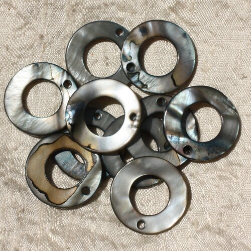 10pc - perles breloques pendentifs nacre donuts cercles 25mm gris noir marron - 4558550019318