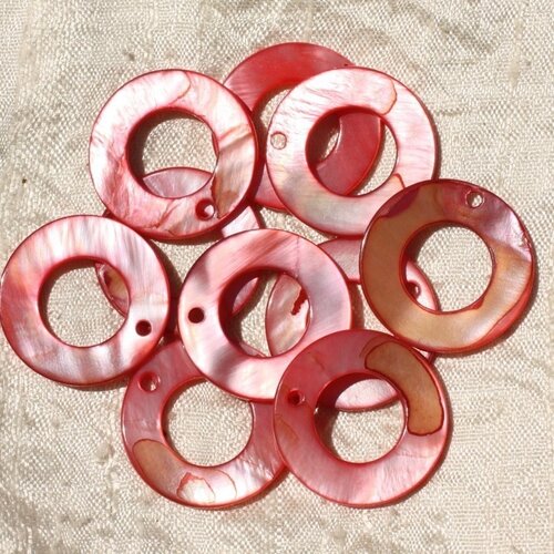 10pc - perles breloques pendentifs nacre donuts cercles 25mm rouge rose corail peche - 4558550019196