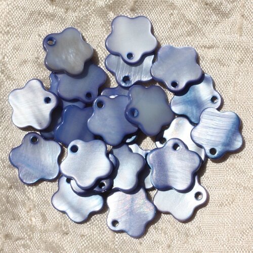 10pc - breloques pendentifs nacre fleurs 15mm bleu   4558550018885
