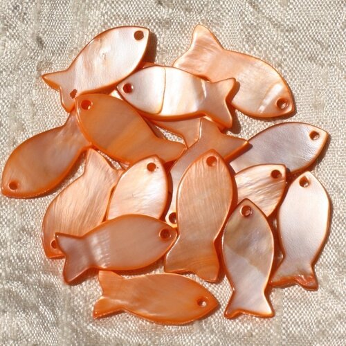 5pc - breloques pendentifs nacre orange poissons 23mm   4558550018694