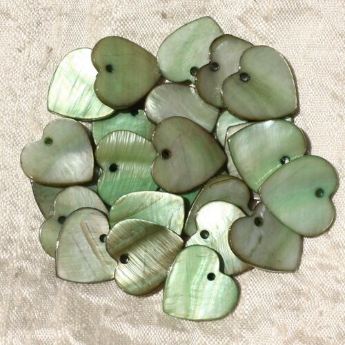 10pc - breloques pendentifs nacre verte coeurs 18mm   4558550018564