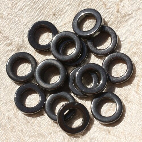 4pc - perles pierre - hematite cercles donuts ronds 16mm gris noir metal - 4558550018625