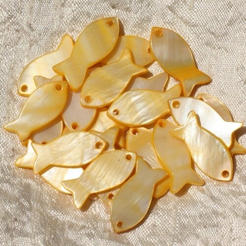 5pc - breloques pendentifs nacre jaune poissons 23mm   4558550018069