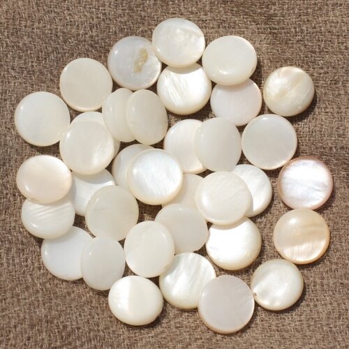 20pc - perles nacre naturelle - ronds plats palets 9-10mm blanc irisé
