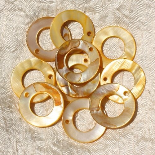 10pc - perles breloques pendentifs nacre donuts cercles 25mm jaune - 4558550017864
