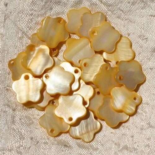 10pc - breloques pendentifs nacre fleurs 15mm jaune   4558550017833