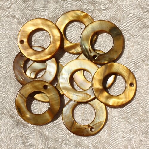 10pc - breloques pendentifs nacre cercles 25mm marron doré   4558550016867