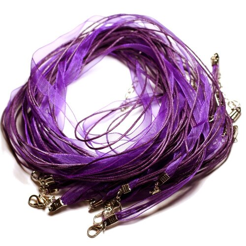 10pc - colliers tours de cou 47cm organza 7mm et coton violet magenta - 4558550016805