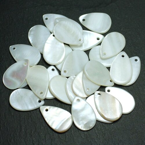 10pc - perles breloques pendentifs nacre naturelle gouttes 20mm blanc irisé