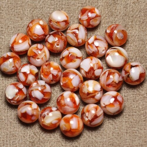 10pc - perles nacre et résine - boules 10mm orange et blanc  4558550015815