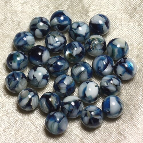 10pc - perles nacre et résine - boules 10mm bleu et blanc  4558550015808