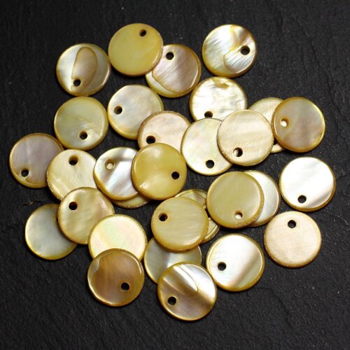 10pc - perles breloques pendentifs nacre ronds palets 11mm jaune  4558550015228
