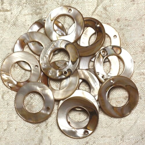 10pc - perles breloques pendentifs nacre donuts cercles 25mm beige gris marron ecru - 4558550014955