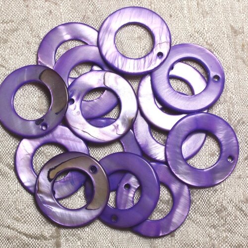 10pc - perles breloques pendentifs nacre donuts cercles 25mm violet foncé byzantin - 4558550014948