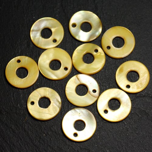 10pc - perles breloques pendentifs nacre donuts cercles 15mm jaune - 4558550014504