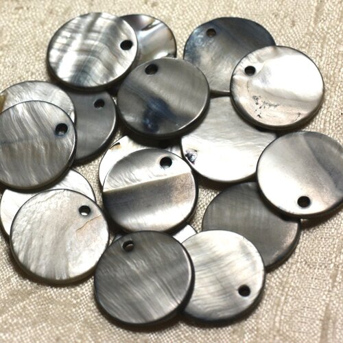 10pc - perles breloques pendentifs nacre ronds 20mm gris noir  4558550013590