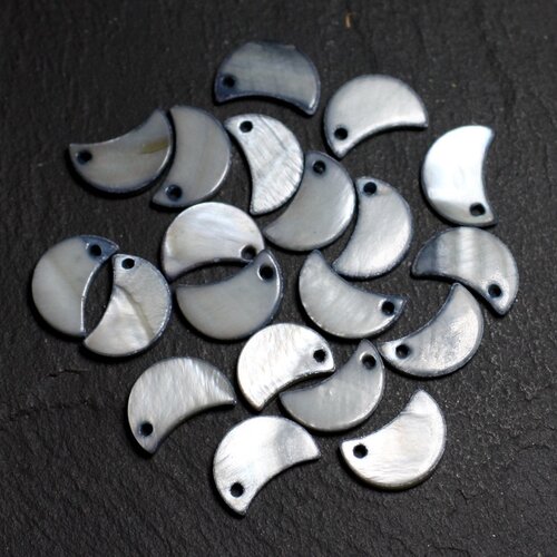 10pc - perles breloques pendentifs nacre lune 13mm gris noir  4558550013002