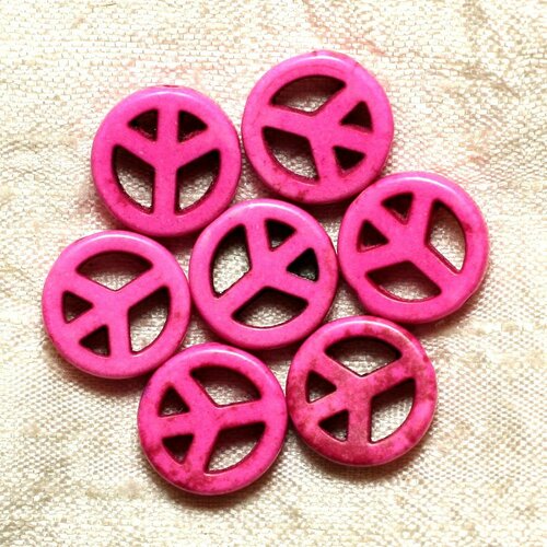 10pc - perles pierre turquoise synthèse rond rondelle cercle peace and love 15mm rose fluo - 4558550012951