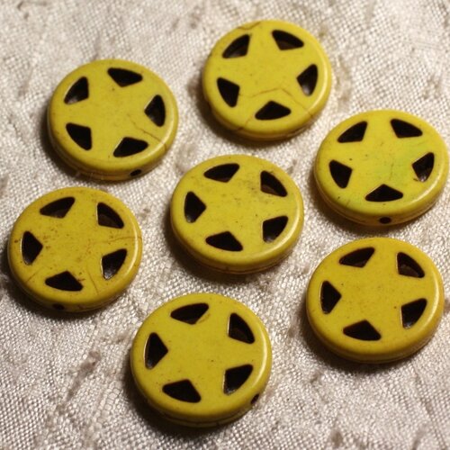 10pc - perles turquoise synthèse cercle etoile 20mm jaune   4558550011701