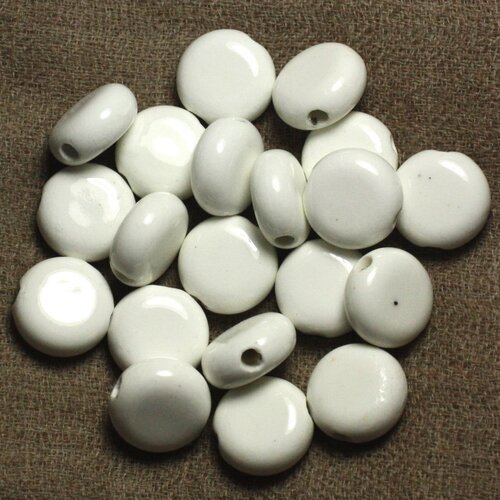 5pc - perles porcelaine céramique ronds palets 15mm blanc