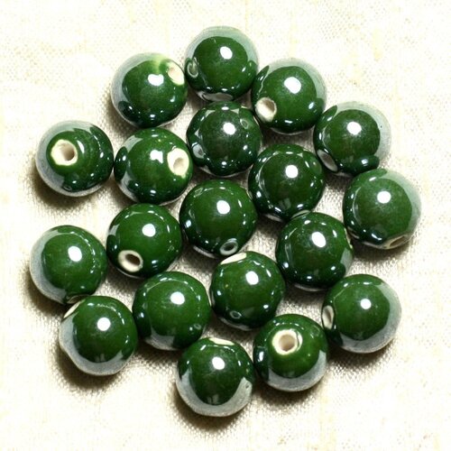 10pc - perles porcelaine ceramique boules 12mm vert olive sapin kaki irisé - 4558550009593