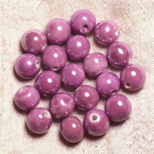 10pc - perles porcelaine céramique boules 12mm rose mauve - 4558550009555