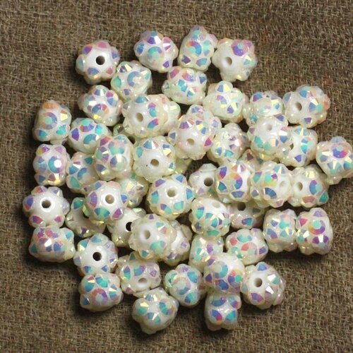 10pc - perles shamballas résine 8x5mm blanc et multicolore   4558550008909